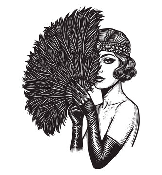 Black and white vintage illustration of a glamorous 1920s flapper/dancer in a sequined headband, black gloves, and holding a large, dramatic feather fan to conceal her face.