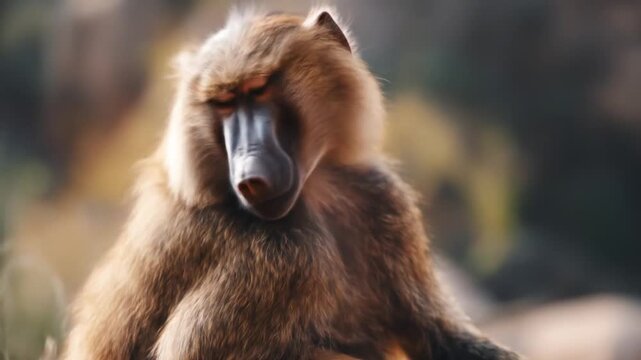 Close up of a baboon with closed eyes in natural sunlight