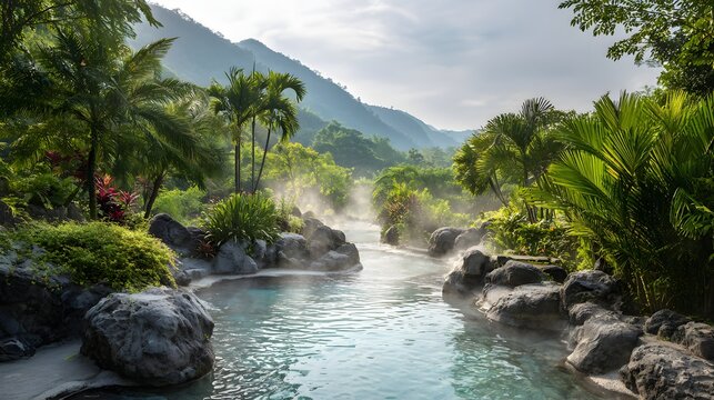 Geothermal waters steam gently flowing through a lush tropical mountain landscape