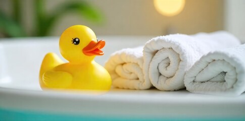 A yellow rubber duck sits amongst fluffy bath towels, ready for a relaxing bath time Perfect for websites, blogs, or advertising related to bath products, hygiene, and relaxation , quack, home