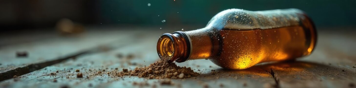 Close-up of a discarded beer bottle, hinting at the consequences of alcoholism Empty, dusty, and slightly tilted, reflecting a sense of neglect and loneliness , public health, bottle