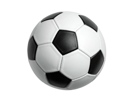 A classic soccer ball in black and white, isolated against a black background