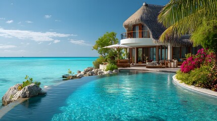 Obraz premium Luxurious tropical villa with infinity pool overlooks bright turquoise ocean water