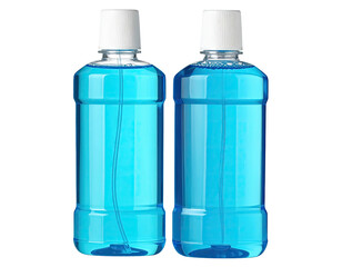 Two clear plastic bottles of blue liquid, likely mouthwash, stand side by side
