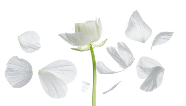 A delicate white flower with petals gracefully scattering in the air, captured in a serene, minimalist studio setting