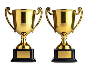 Two ornate, golden trophies, each with a black base and blank nameplate, isolated