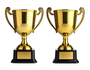 Two ornate, golden trophies, each with a black base and blank nameplate, isolated