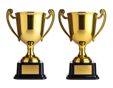 Two ornate, golden trophies, each with a black base and blank nameplate, isolated