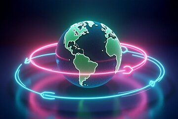 Neon globe floats above glowing rings, vibrant colors illuminate futuristic digital world. Cyberpunk Earth concept art.