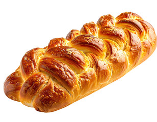 Golden, braided loaf of bread, glistening with a seed topping, isolated on black