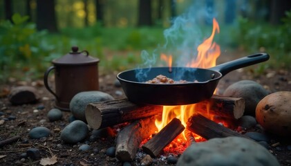 A crackling campfire with a cast iron skillet cooking over the flames, surrounded by rustic camping gear Perfect for adventurous cooking and outdoor lifestyle imagery , skillet, spatula, summer