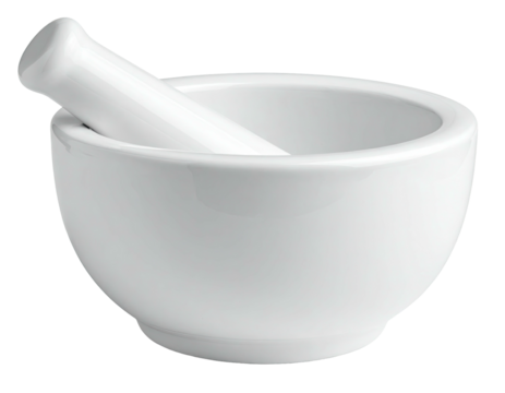 A white ceramic mortar and pestle set on a black background, clean and bright