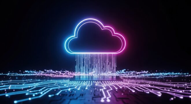 Digital cloud computing with data streams over an illuminated circuit board background