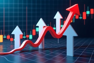 Rising red arrow surges past white arrows on financial chart, symbolizing market growth and upward trend in investment analysis.