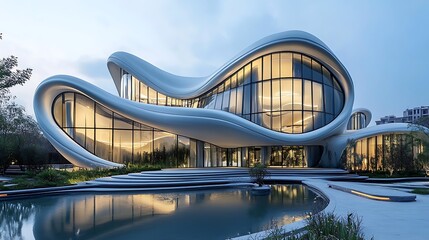 stunning futuristic building with fluid, curved architecture and warm interior lighting, beautifully reflected in a serene pond at dusk. Ideal for architecture, luxury, and modern design