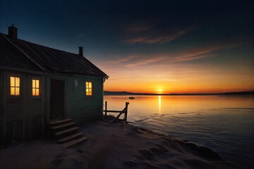 Winter village at night, warm lights glow through snow-covered houses reflecting on icy river, crescent moon above.