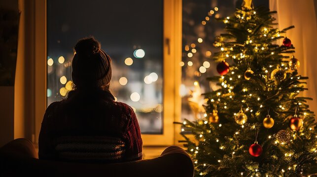 A person sits by a window at night, looking at the city lights, with a glowing christmas tree creating a warm and festive holiday atmosphere inside the home
