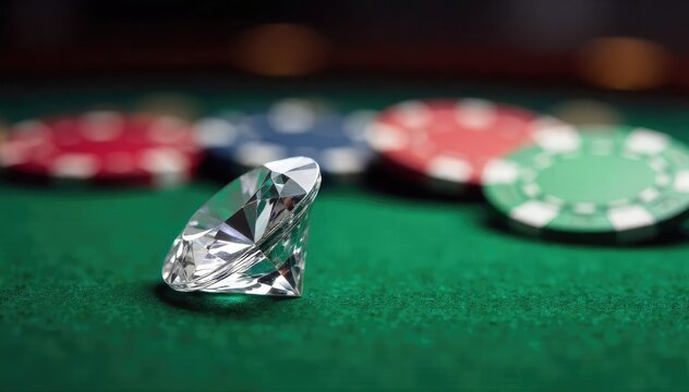 A sparkling, flawless diamond rests on a plush green felt casino table, surrounded by poker chips The scene evokes wealth, luxury, and high-stakes gambling , shine, chips