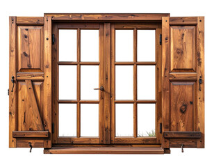 Weathered wooden window with open shutters, glass panes, and rustic hardware