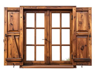 Weathered wooden window with open shutters, glass panes, and rustic hardware