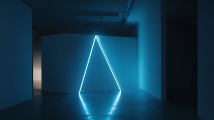 striking bright blue neon light forms a triangle in a dark, minimalist art gallery, creating a modern, abstract art installation with reflections
