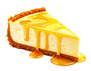 A slice of creamy cheesecake with flowing yellow glaze, perfect for dessert