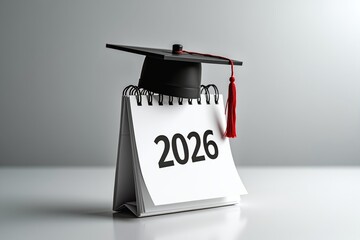 Graduation cap atop calendar marked "2026," symbolizing academic achievement and future success in a minimalist, modern setting.