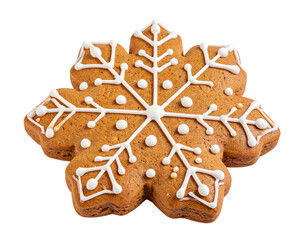 A gingerbread cookie in the shape of a snowflake, detailed with white icing
