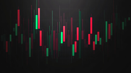 Obraz premium Thin red and green candlesticks floating on black with wide blank space for educational or commercial finance use.