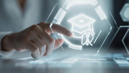 A person's finger touches a glowing graduation cap icon on a screen, representing education