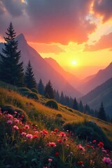 Obraz premium Serene landscape at sunrise, conveying a sense of peace and spiritual awakening; perfect for illustrating concepts of inner peace, mindfulness, and achieving life goals , clouds, peaceful