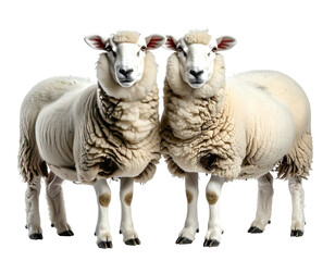 Two fluffy sheep stand side-by-side, staring forward with clean white fleece