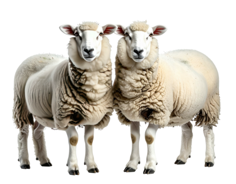 Two fluffy sheep stand side-by-side, staring forward with clean white fleece