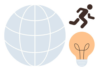 Globe with grid lines, running figure, light bulb representing innovation and movement. Ideal for global connections, innovation, progress, creativity, leadership sustainability teamwork. Simple © robu_s