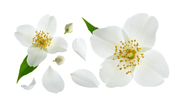 Delicate White Jasmine Flowers with Petals, Buds, and Green Leaves on a Clean Background