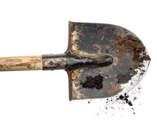 Close-up of a weathered shovel blade with dirt, on a transparent background
