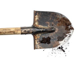 Close-up of a weathered shovel blade with dirt, on a transparent background