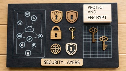 Security Layers and Protection Concepts with Wooden Icons for Data Protection and Encryption on Dark Background