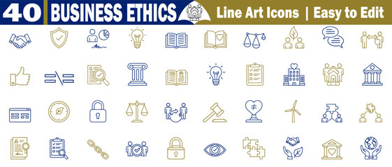 Business ethics line art icons, easy-to-edit vector handshake, and protection shield vector illustrations. 