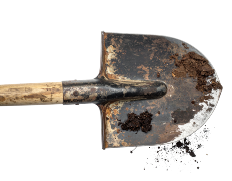 Close-up of a weathered shovel blade with dirt, on a transparent background