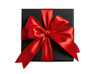 Top-down view of a square black gift box tied with a vibrant red satin bow