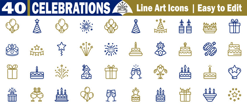 Celebrations line art icons, easy-to-edit vector fireworks, and cake graphic vector illustrations. 