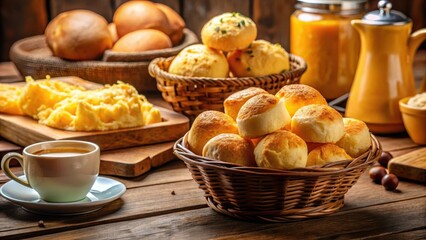 Brazilian breakfast staple crispy cheese bread, golden brown and fragrant, paired with a traditional Brazilian morning spread