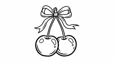 A simple black and white illustration of two cherries tied together with a bow