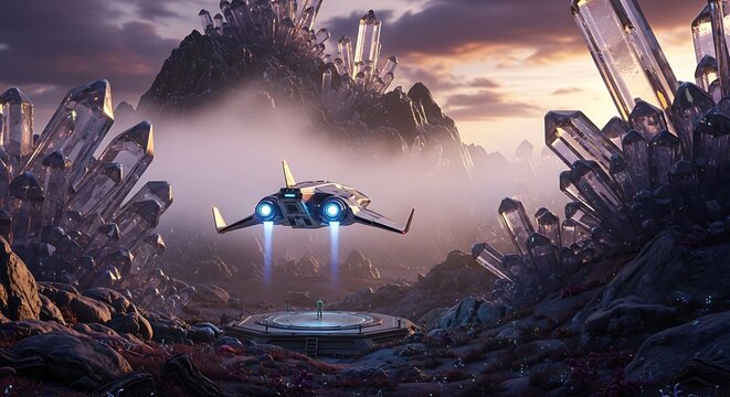 Futuristic Spaceship Launching from Crystal Planet with Mountain Backdrop.