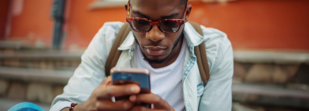 Connected in the City: A focused individual in sunglasses, engrossed in his phone, pauses on a city step, with the red building in the background. - Powered by Adobe
