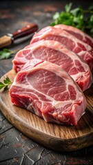 Fototapeta premium Heres the expanded metadata A raw cut of pork meat, freshly trimmed and ready for cooking, revealing its natural marbling and subtle texture