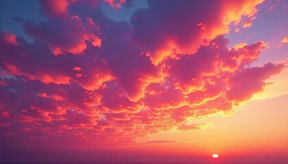 Vibrant sunset hues paint the sky with a mesmerizing pattern of orange, pink, and purple clouds A breathtaking display of nature's artistry at golden hour , celestial, rays