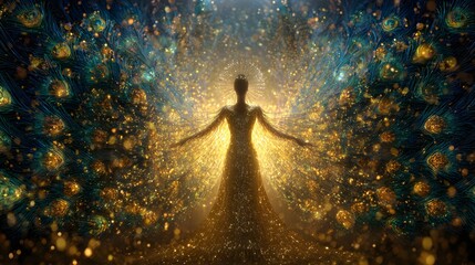 Radiant feminine silhouette appears amidst a cascade of glittering peacock feathers and bright sparks