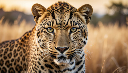 Fototapeta premium A stunning, detailed close-up portrait of a leopard standing in tall, golden savanna grass, looking straight at the camera with piercing eyes.